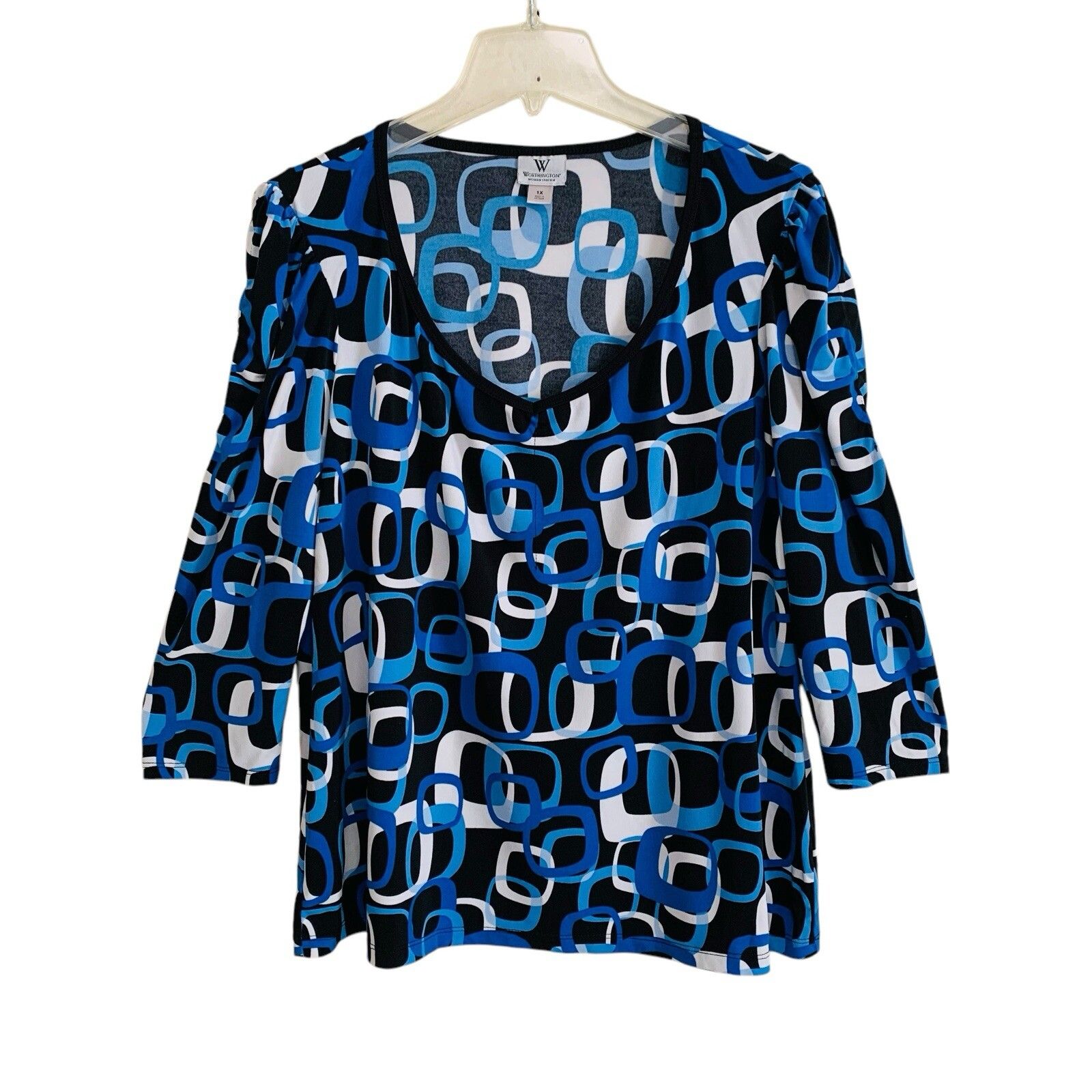 Worthington Blouse Women’s Size 1x Blue Retro Pattern 3/4 Sleeve V-Neck Stretch